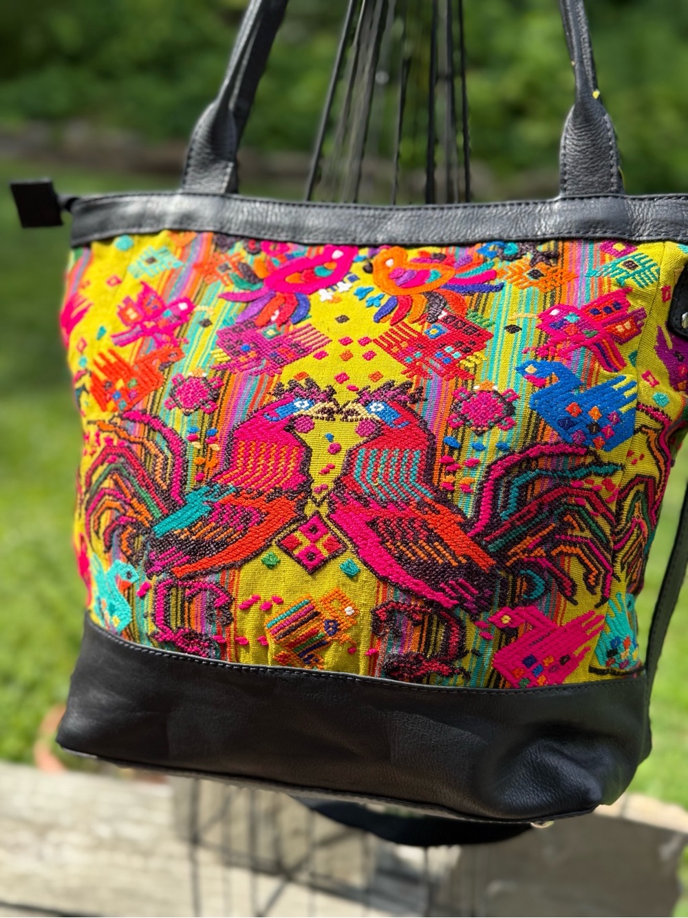 Hand-Embroidered Yellow Artisan Tote with Black Trim